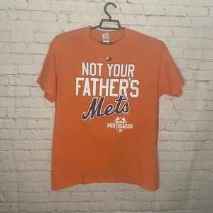 Majestic New York Mets NY 2015 Postseason Tee Mens L Orange Gilden Heavy Cotton
